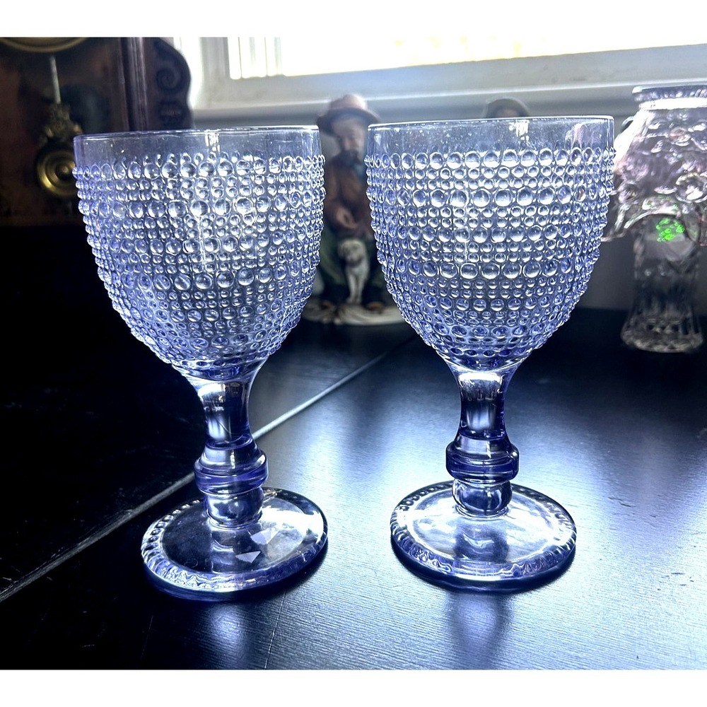 Glowing Hobnail Glass Goblets Purple UV Reactive Blue Glow 6.75" Set of 2